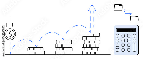 Coin stacks increasing in height with upward arrows, data transfer folders, and calculator. Ideal for finance, strategy, budgeting, investment, accounting, growth planning and profit analysis