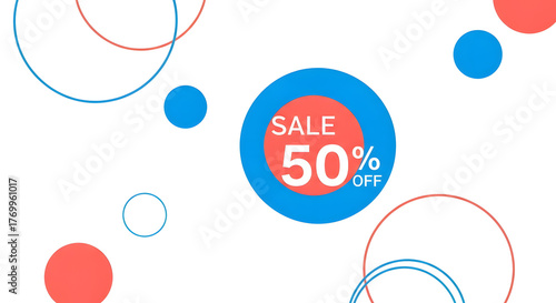 Bold Minimalism Sale banner with vibrant geometric circles and a fifty percent discount offer