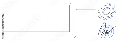 Curved pathway leading to gear and stylized signature for process, automation, validation, and decision-making concepts. Ideal for technology, business, efficiency, innovation, development