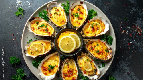 Platter of Golden-Baked Oysters Rockefeller Garnished with Lemon Slices and Parsley
