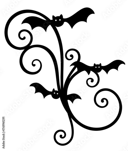 Decorative floral ornament with bats and swirl curls — Halloween vintage upper frame borde