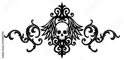 Vintage horror header ornament with skull and angel wings — gothic page border for halloween design