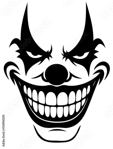 Halloween clown face with wide grin and dark eyes, scary circus joker mask