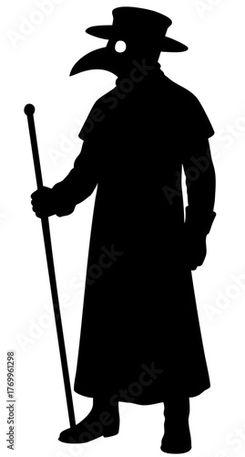 Halloween character doctor silhouette in long coat with staff and beak mask, mysterious gothic healer