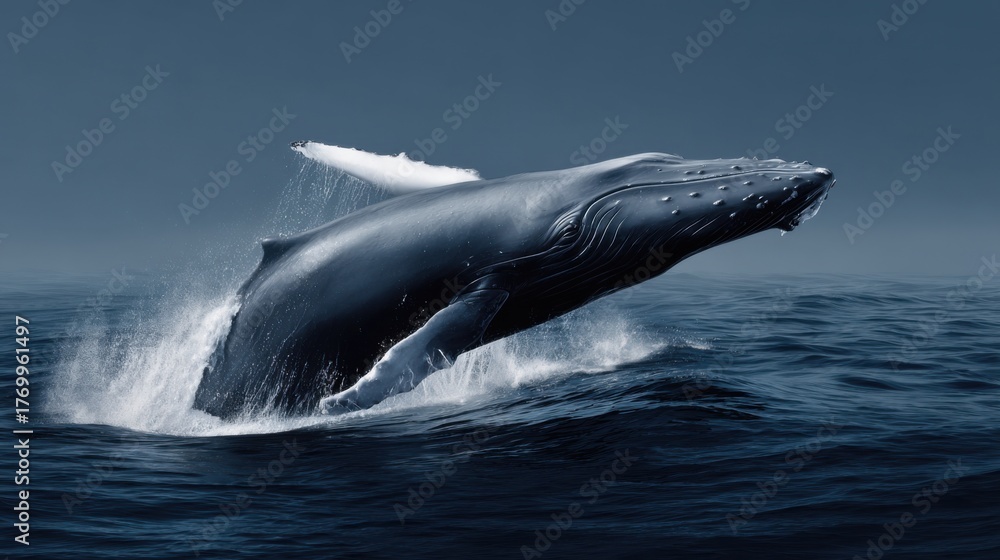 Fototapeta premium Majestic Humpback Whale Breaching on Calm Ocean Waves at Sunrise