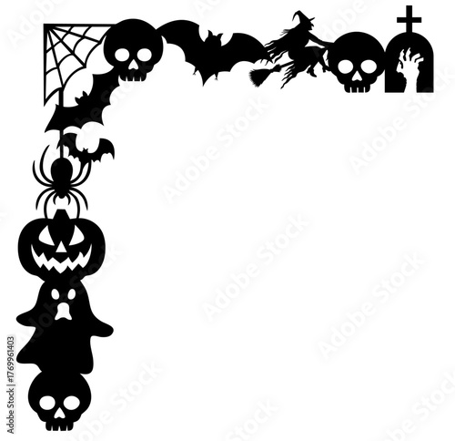 Halloween corner ornament with witch, skulls, pumpkin, and bats — gothic spooky border for horror composition