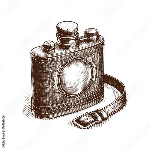 Vintage Military Style Canteen: Classic Engraved Illustration