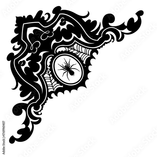 Halloween corner ornament with spider and vintage curls — gothic ornate border with spiderweb frame pattern