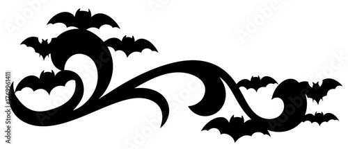 Vintage swirl with flying bats — Halloween decorative border and ornate header frame