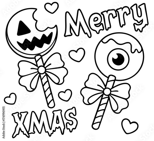 halloween candy lollipops shaped like eyeball and bitten pumpkin.  merry xmas text