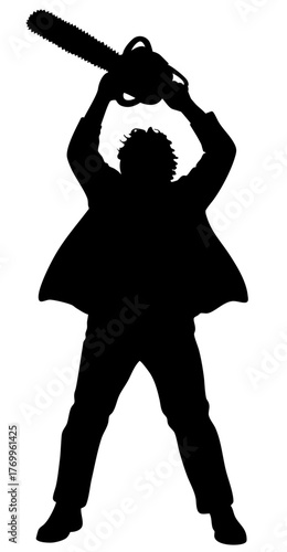 Halloween horror character monster,  character silhouette holding chainsaw above head, creepy killer in apron and suit