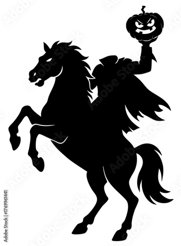 Halloween character  silhouette on horse with jack o lantern head, dark spooky rider from haunted legend