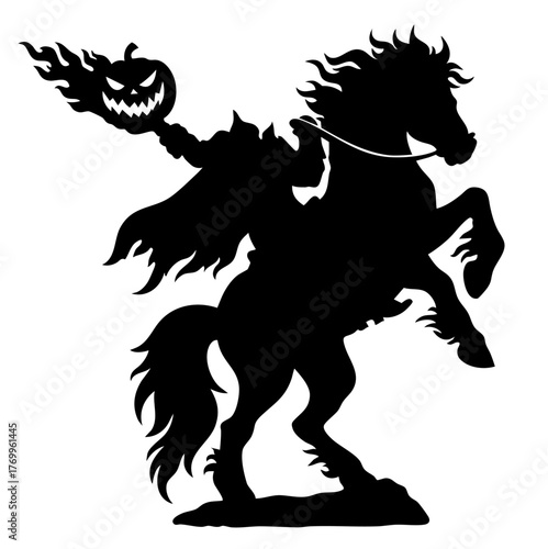 Halloween headless horseman silhouette riding rearing horse holding burning pumpkin head, gothic horror legend character