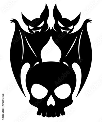 Decorative header with skull and flying bats — Halloween gothic upper frame border