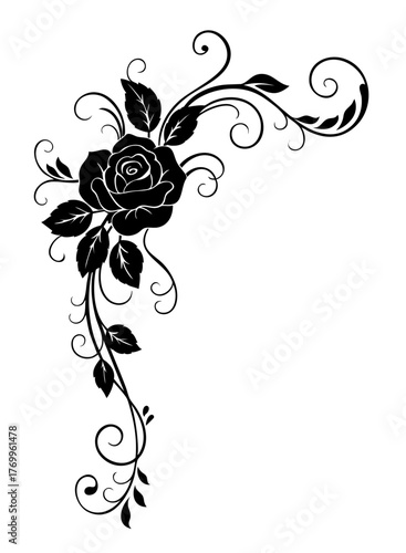 Halloween corner ornament with gothic rose and vintage curls — elegant floral border for spooky frame decoration