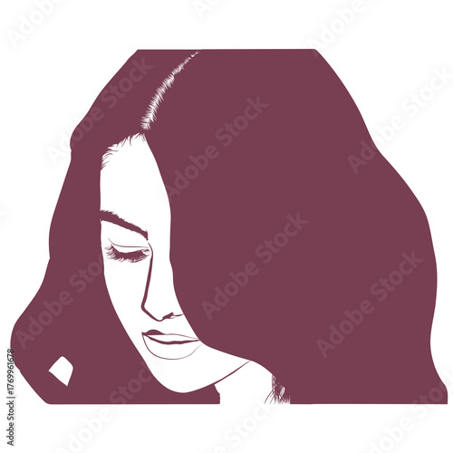 A stylized, monochrome vector illustration of a woman with long, flowing hair partially covering her face, depicted with delicate facial contours and a pensive, downcast expression.