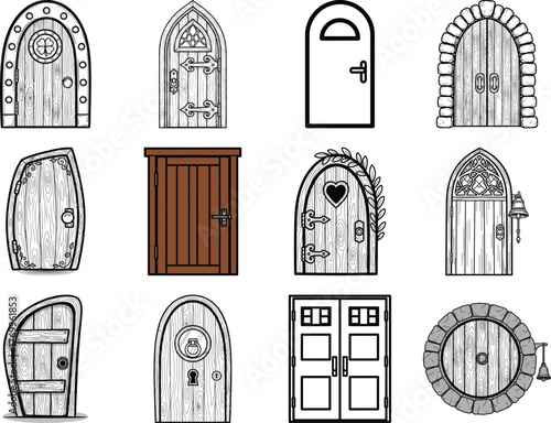 Diverse collection of whimsical and historical wooden doors with various frames and decorative elements