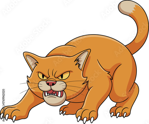 Angry cartoon orange cat, arched back, sharp claws, defensive posture, intense eyes, animal behavior, vector illustration, expressive feline design