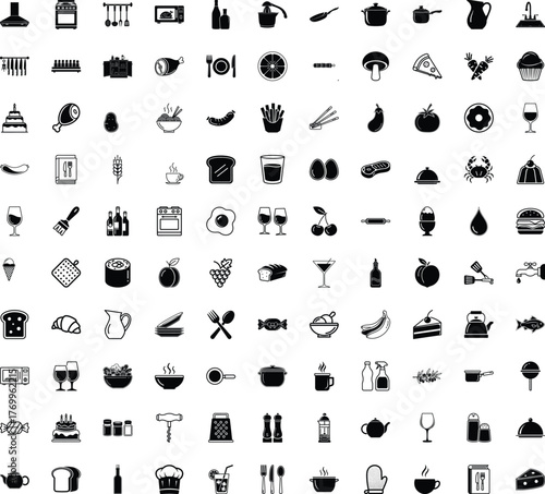 Extensive collection of diverse food items, beverages, and kitchen utensil icons for culinary projects