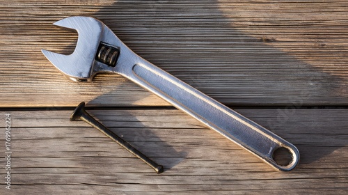 misuse. Wrench with a dented jaw resting beside a bent nail on a wooden surface under soft side lighting. safety posters.