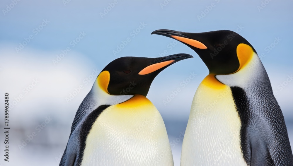 Fototapeta premium Closeup of two king penguins standing side by side against a blurred background of blue and white, showcasing their vibrant yellow and black plumage in detail