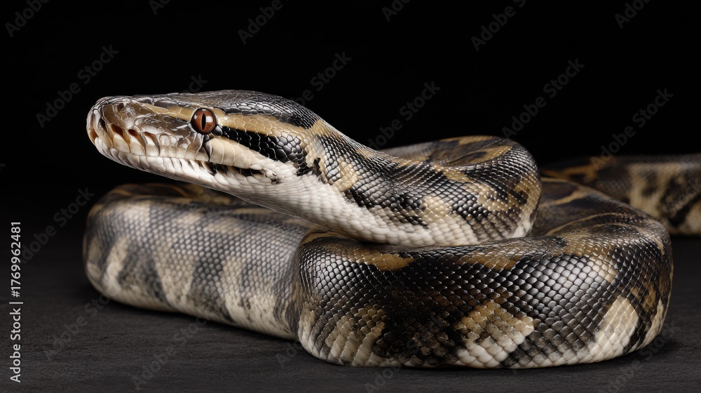 Obraz premium Majestic Close-up of a Python on Black Background, Detailed Textures
