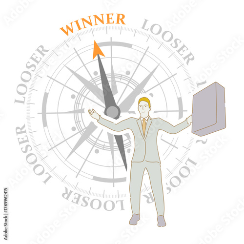 Happy businessman celebrates success standing with briefcase. The needle of compass points to the word winner ignoring the words looser. Finance, economy, professional occupation, business and career.