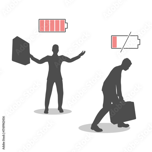 Men with low battery and with high full level energy battery. Businessman in two versions tired and active. Exhaustion and lack of energy. Bankruptcy on global economic recession and failure.