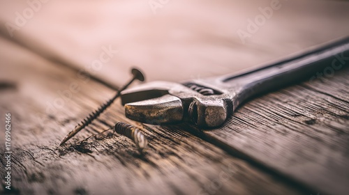 misuse. Wrench with a dented jaw resting beside a bent nail on a wooden surface under soft side lighting. safety posters.