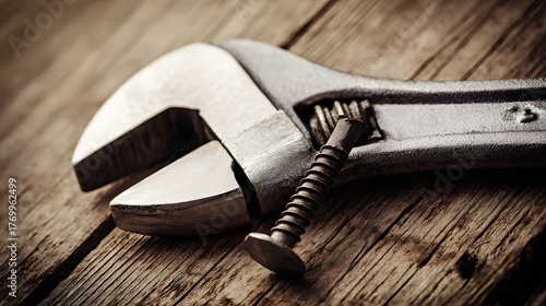 misuse. Wrench with a dented jaw resting beside a bent nail on a wooden surface under soft side lighting. safety posters.