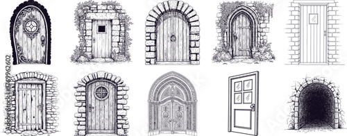 Hand drawn collection of old rustic doors with stone archways depicting mystical entrances
