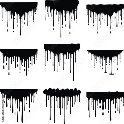 Set of nine black dripping liquid shapes showing paint or slime flowing down with irregular patterns