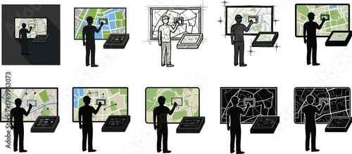 PrintMan using digital touchscreen map interface, GPS navigation system, modern technology, location tracking, geographic data analysis, smart mapping innovation, future design
