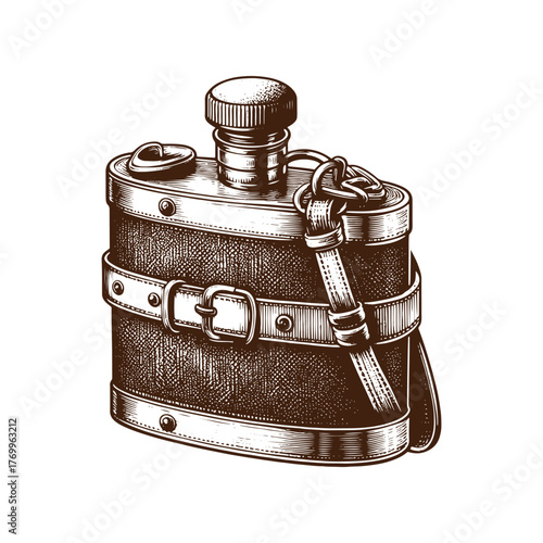Vintage Military Style Canteen: Classic Engraved Illustration