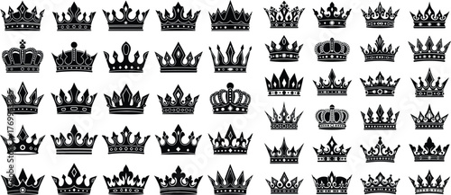 A collection of royal crowns and tiaras with various detailed embellishments, suitable for luxury branding elements