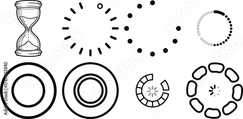 A collection of various outline loading icons and a classic hourglass for measuring time progress or waiting