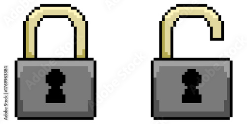 Pixel padlock icon vector. Ideal for security, lock, and access control themes. This digital graphic is perfect for retro game or 8 bit design projects and assets related to protection.