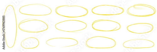 Hand drawn red crayon ovals and circles. Ellipses pencil doodle style set. Red round rough thin frames. Round freehand shapes, emphasis highlights. Vector elements for hand drawn diagrams 