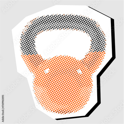 Kettlebell halftone dotted collage element pointillize in paper torn vector. Ideal for fitness, gym, and strength themes. This graphic provides a textured, retro look to a classic exercise tool.