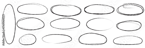 Hand drawn red crayon ovals and circles. Ellipses pencil doodle style set. Red round rough thin frames. Round freehand shapes, emphasis highlights. Vector elements for hand drawn diagrams 