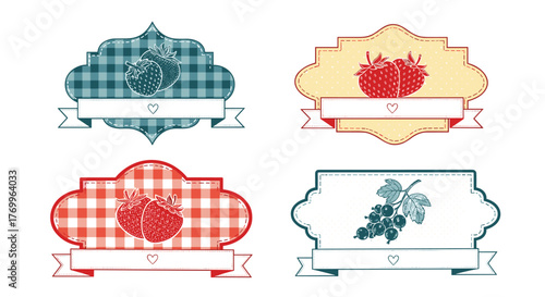 Charming set of four vintage-style labels for homemade jams, featuring gingham patterns, berry illustrations, and heart banners.