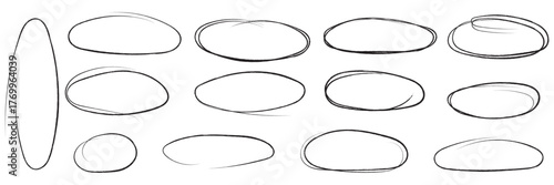 Hand drawn red crayon ovals and circles. Ellipses pencil doodle style set. Red round rough thin frames. Round freehand shapes, emphasis highlights. Vector elements for hand drawn diagrams 