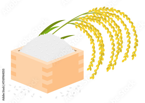 垂れた稲穂と升に盛られた米と溢れた米粒のイメージイラスト
