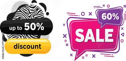 Modern collection of vibrant sale banners and discount tags, perfect for e-commerce promotions, special offers, and limited-time deals on products and services