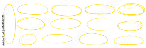 Hand drawn red crayon ovals and circles. Ellipses pencil doodle style set. Red round rough thin frames. Round freehand shapes, emphasis highlights. Vector elements for hand drawn diagrams 