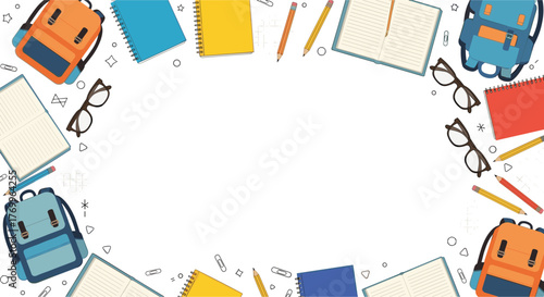 Overhead shot of vibrant school supplies and backpacks forming an oval frame on a clean white background, ideal for educational content and promotions.