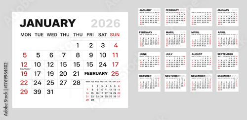A complete annual calendar for the year 2026, featuring a simple and clean monthly grid layout. The week begins on Monday, ideal for planning and organization