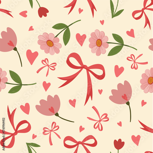 Vintage seamless pattern abstract pink coquette ribbon and spring flowers, cute trendy background.