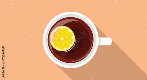 A top-down view of a white mug filled with dark tea or coffee, garnished with a fresh lemon slice, casting a long shadow on a warm peach-colored surface.