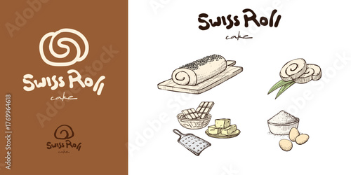 Swiss roll sponge cake logo design with letter S inside the cake Illustration of cake collection set element hand drawn vintage for poster, content, promotion, menu, banner, and sticker brand identity